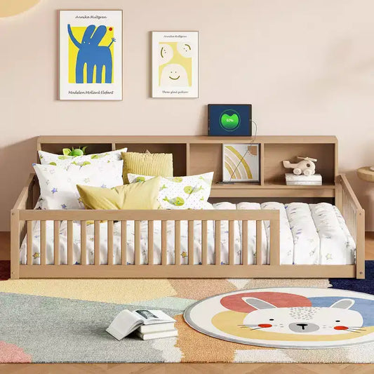Lit de sol double XL en bois avec armoires de rangement et ports USB, lit de sol Montessori pour enfants avec clôture