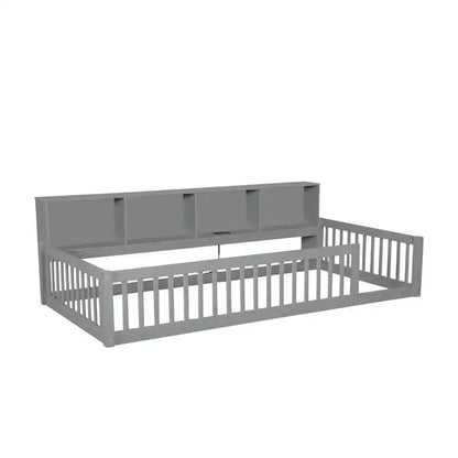 Lit de sol double XL en bois avec armoires de rangement et ports USB, lit de sol Montessori pour enfants avec clôture