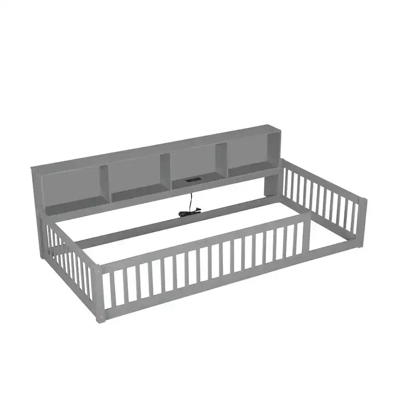 Lit de sol double XL en bois avec armoires de rangement et ports USB, lit de sol Montessori pour enfants avec clôture