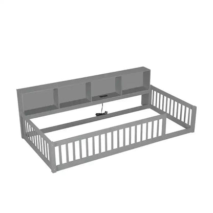 Lit de sol double XL en bois avec armoires de rangement et ports USB, lit de sol Montessori pour enfants avec clôture