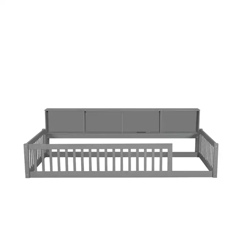 Lit de sol double XL en bois avec armoires de rangement et ports USB, lit de sol Montessori pour enfants avec clôture