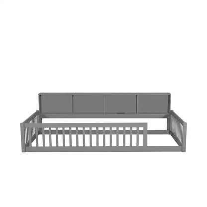 Lit de sol double XL en bois avec armoires de rangement et ports USB, lit de sol Montessori pour enfants avec clôture