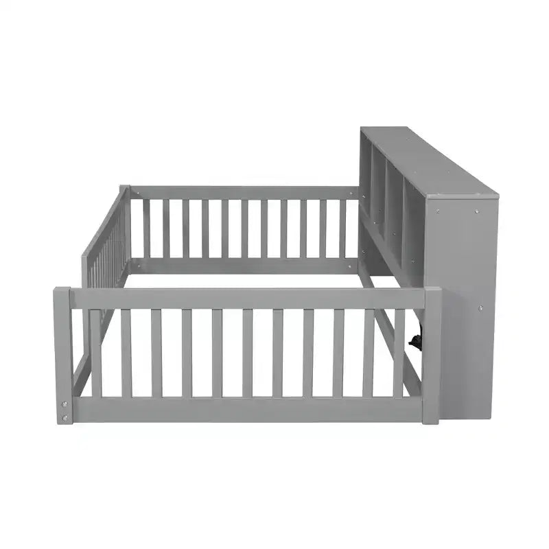 Lit de sol double XL en bois avec armoires de rangement et ports USB, lit de sol Montessori pour enfants avec clôture