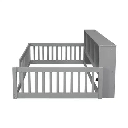 Lit de sol double XL en bois avec armoires de rangement et ports USB, lit de sol Montessori pour enfants avec clôture