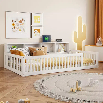 Lit de sol double XL en bois avec armoires de rangement et ports USB, lit de sol Montessori pour enfants avec clôture