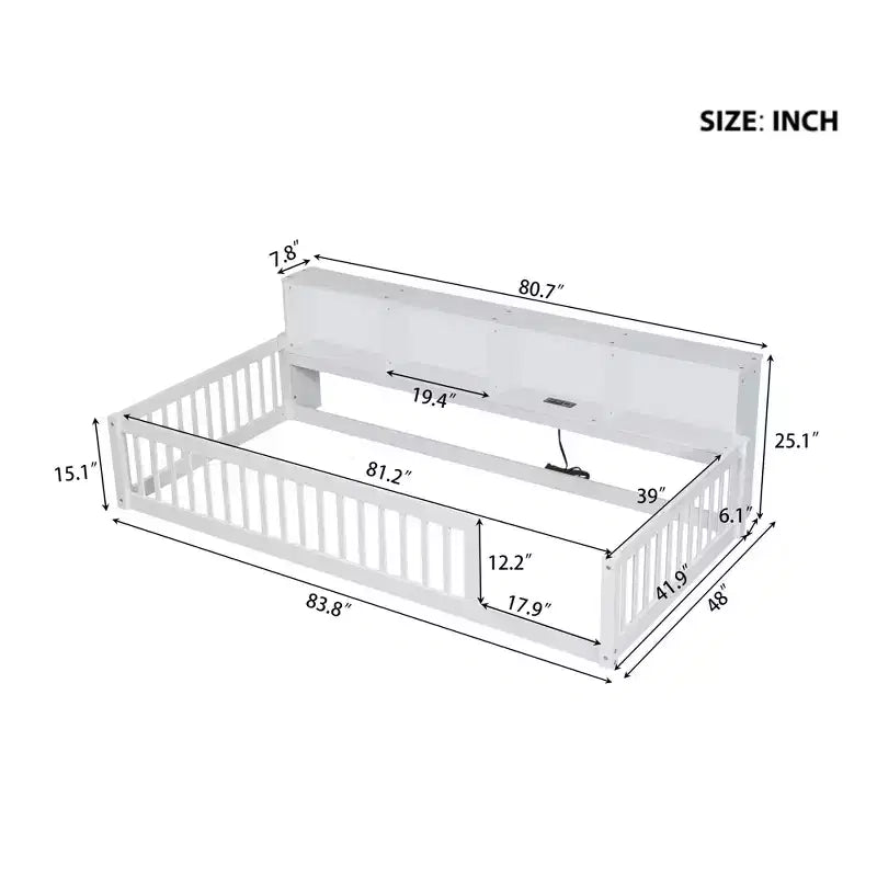 Lit de sol double XL en bois avec armoires de rangement et ports USB, lit de sol Montessori pour enfants avec clôture