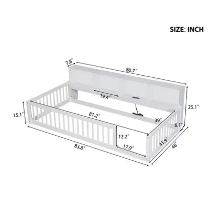 Lit de sol double XL en bois avec armoires de rangement et ports USB, lit de sol Montessori pour enfants avec clôture