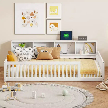Lit de sol double XL en bois avec armoires de rangement et ports USB, lit de sol Montessori pour enfants avec clôture