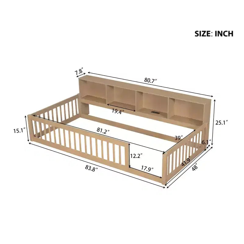 Lit de sol double XL en bois avec armoires de rangement et ports USB, lit de sol Montessori pour enfants avec clôture