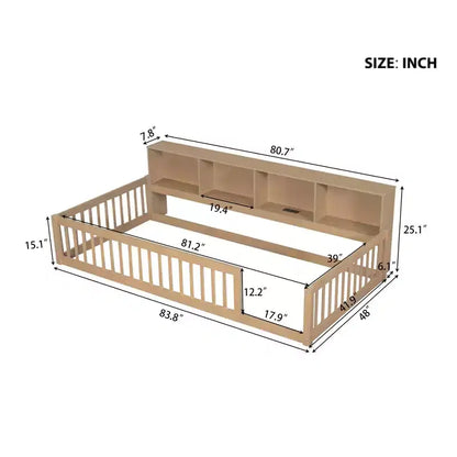 Lit de sol double XL en bois avec armoires de rangement et ports USB, lit de sol Montessori pour enfants avec clôture