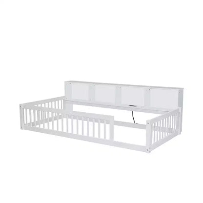Lit de sol double XL en bois avec armoires de rangement et ports USB, lit de sol Montessori pour enfants avec clôture