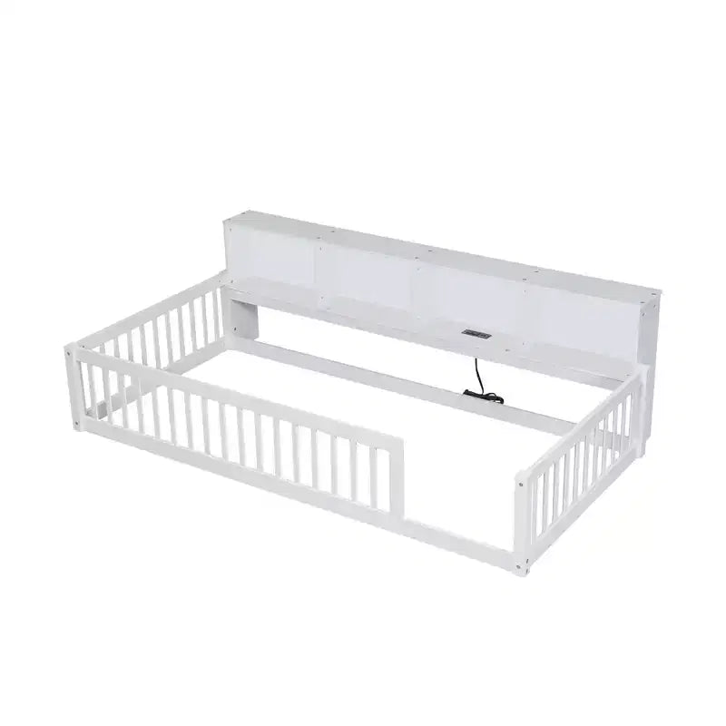 Lit de sol double XL en bois avec armoires de rangement et ports USB, lit de sol Montessori pour enfants avec clôture