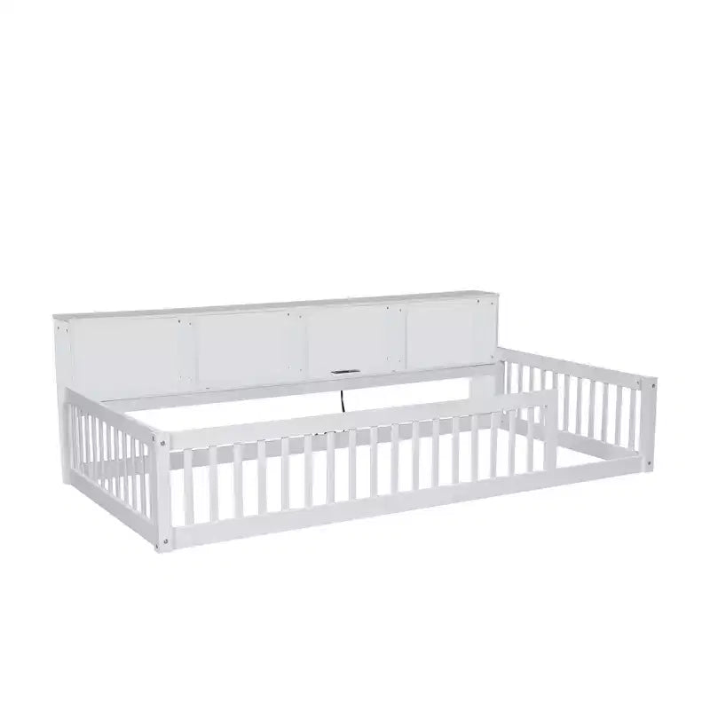 Lit de sol double XL en bois avec armoires de rangement et ports USB, lit de sol Montessori pour enfants avec clôture