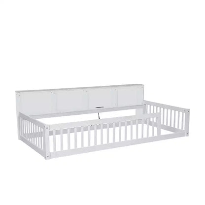 Lit de sol double XL en bois avec armoires de rangement et ports USB, lit de sol Montessori pour enfants avec clôture