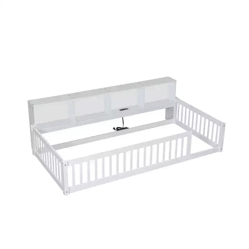 Lit de sol double XL en bois avec armoires de rangement et ports USB, lit de sol Montessori pour enfants avec clôture