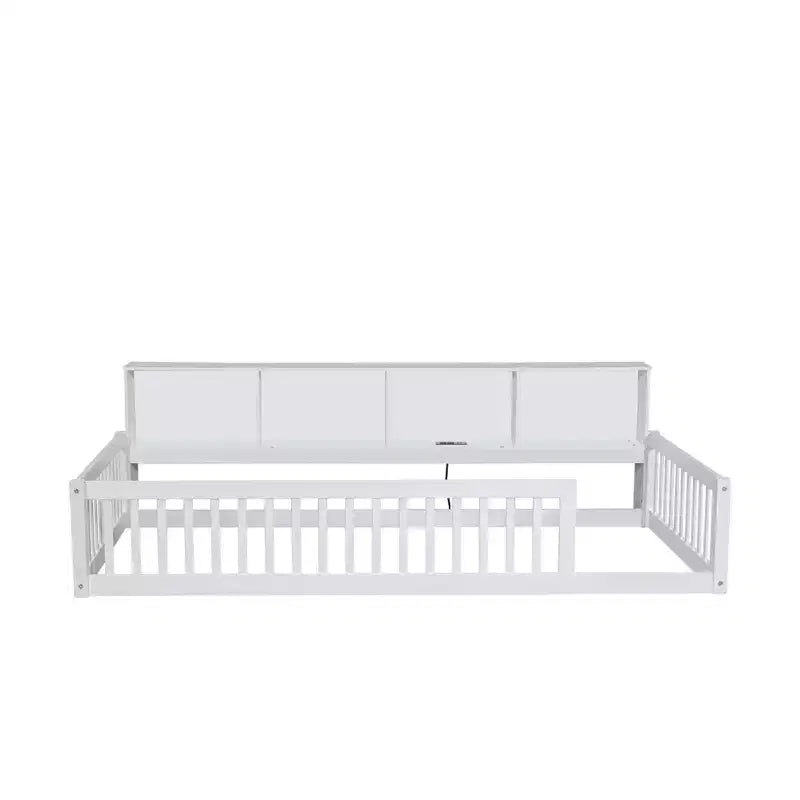 Lit de sol double XL en bois avec armoires de rangement et ports USB, lit de sol Montessori pour enfants avec clôture
