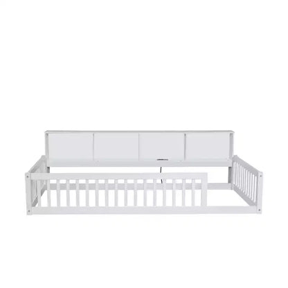 Lit de sol double XL en bois avec armoires de rangement et ports USB, lit de sol Montessori pour enfants avec clôture
