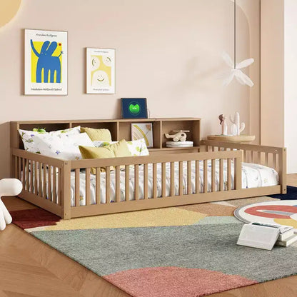 Lit de sol double XL en bois avec armoires de rangement et ports USB, lit de sol Montessori pour enfants avec clôture