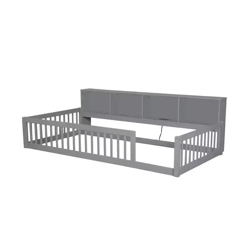 Lit de sol double XL en bois avec armoires de rangement et ports USB, lit de sol Montessori pour enfants avec clôture