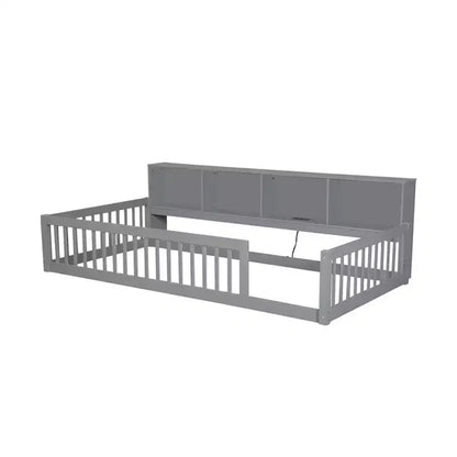 Lit de sol double XL en bois avec armoires de rangement et ports USB, lit de sol Montessori pour enfants avec clôture