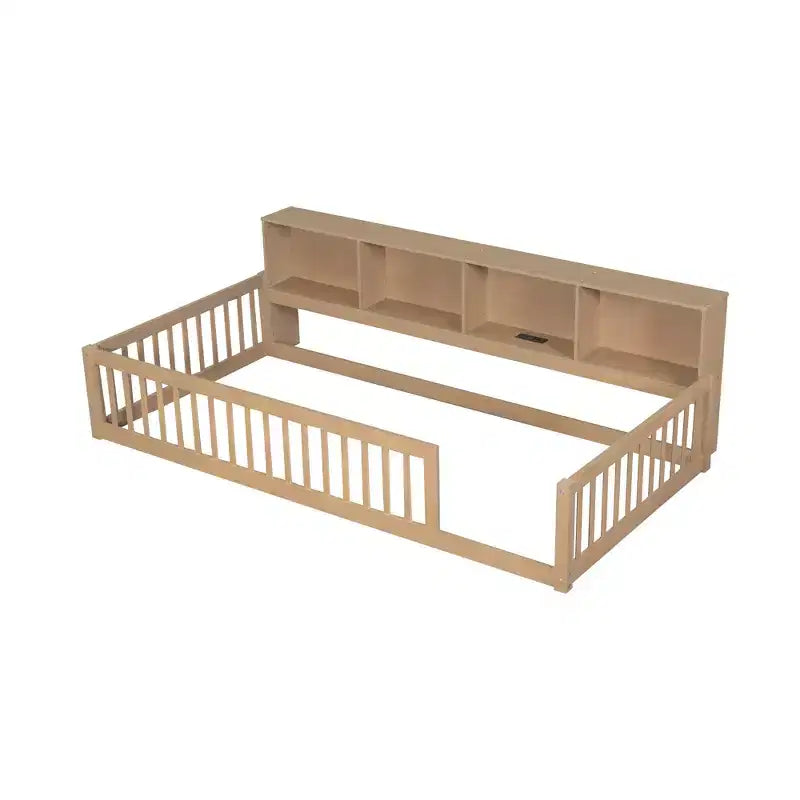 Lit de sol double XL en bois avec armoires de rangement et ports USB, lit de sol Montessori pour enfants avec clôture