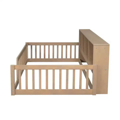 Lit de sol double XL en bois avec armoires de rangement et ports USB, lit de sol Montessori pour enfants avec clôture