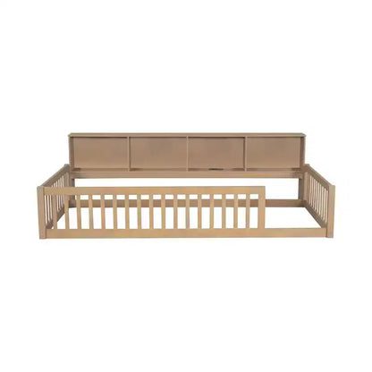 Lit de sol double XL en bois avec armoires de rangement et ports USB, lit de sol Montessori pour enfants avec clôture