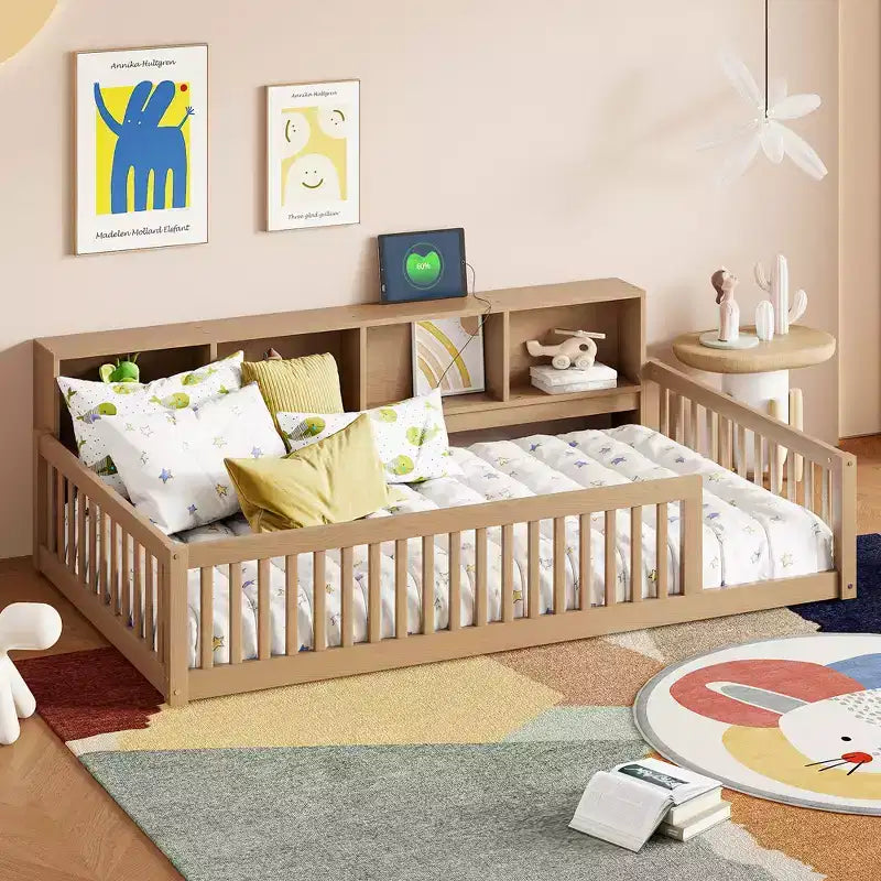 Lit de sol double XL en bois avec armoires de rangement et ports USB, lit de sol Montessori pour enfants avec clôture