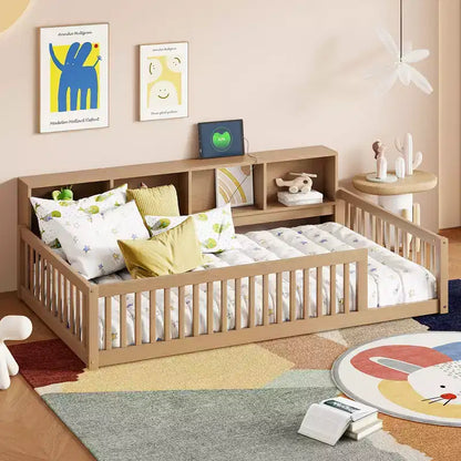 Lit de sol double XL en bois avec armoires de rangement et ports USB, lit de sol Montessori pour enfants avec clôture