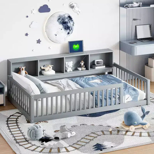Wood Twin XL Size Floor Bed with Storage Cabinets and USB Ports, Kids Montessori Floor Bed with Fence