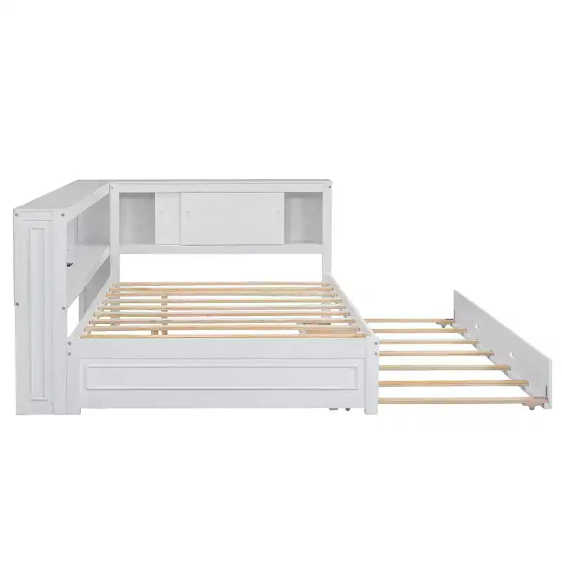 Cadre de lit de repos en bois pleine grandeur avec rangement, lit de repos avec lit gigogne et étagères de rangement, lit de repos d'angle en forme de L avec lumière et portes coulissantes