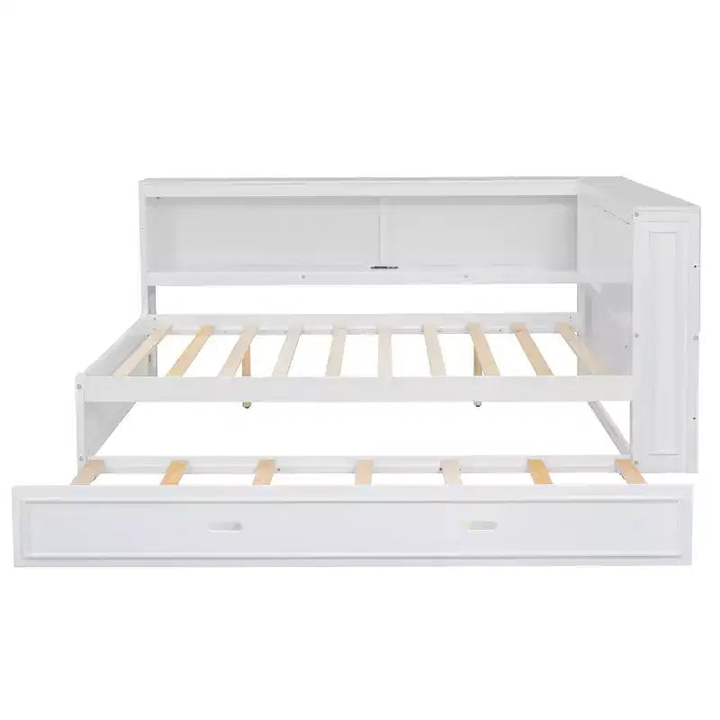 Cadre de lit de repos en bois pleine grandeur avec rangement, lit de repos avec lit gigogne et étagères de rangement, lit de repos d'angle en forme de L avec lumière et portes coulissantes