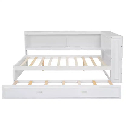 Cadre de lit de repos en bois pleine grandeur avec rangement, lit de repos avec lit gigogne et étagères de rangement, lit de repos d'angle en forme de L avec lumière et portes coulissantes