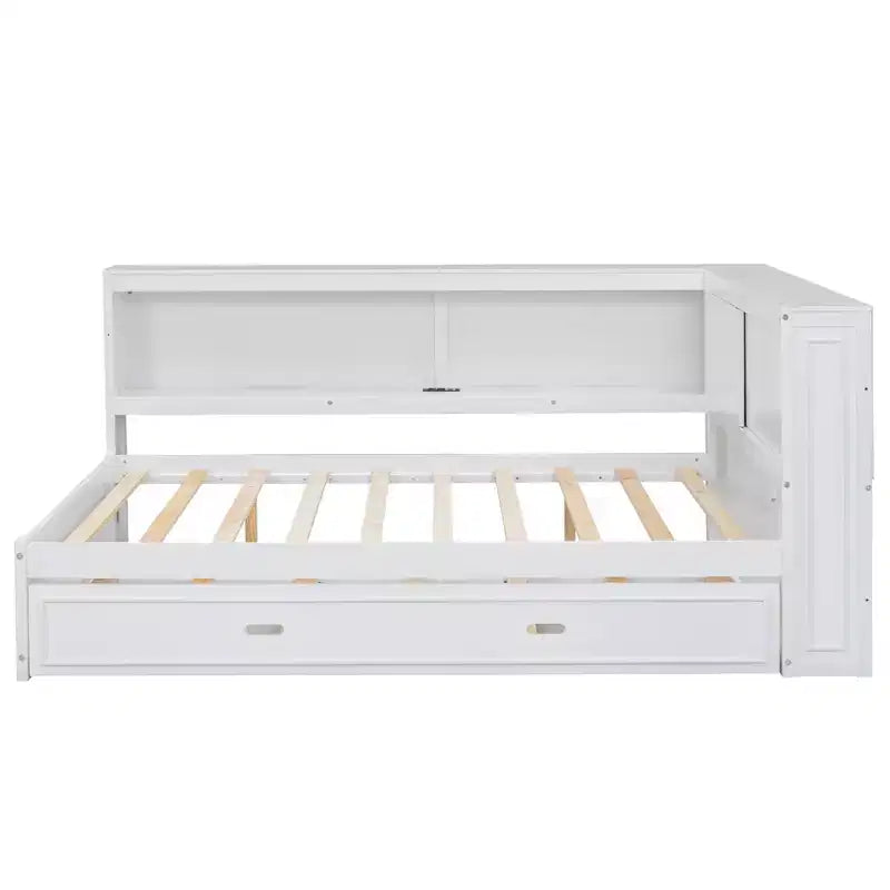 Cadre de lit de repos en bois pleine grandeur avec rangement, lit de repos avec lit gigogne et étagères de rangement, lit de repos d'angle en forme de L avec lumière et portes coulissantes