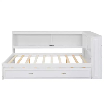 Cadre de lit de repos en bois pleine grandeur avec rangement, lit de repos avec lit gigogne et étagères de rangement, lit de repos d'angle en forme de L avec lumière et portes coulissantes