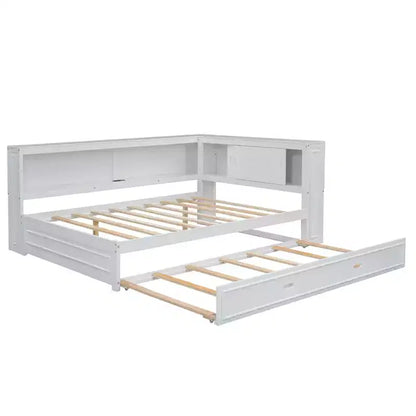 Cadre de lit de repos en bois pleine grandeur avec rangement, lit de repos avec lit gigogne et étagères de rangement, lit de repos d'angle en forme de L avec lumière et portes coulissantes