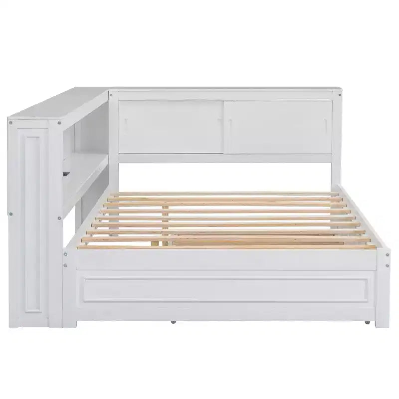 Cadre de lit de repos en bois pleine grandeur avec rangement, lit de repos avec lit gigogne et étagères de rangement, lit de repos d'angle en forme de L avec lumière et portes coulissantes