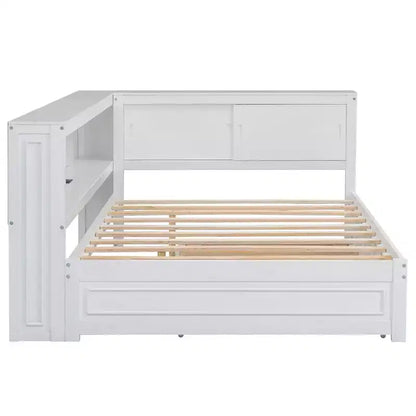 Cadre de lit de repos en bois pleine grandeur avec rangement, lit de repos avec lit gigogne et étagères de rangement, lit de repos d'angle en forme de L avec lumière et portes coulissantes