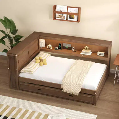 Cadre de lit de repos en bois pleine grandeur avec rangement, lit de repos avec lit gigogne et étagères de rangement, lit de repos d'angle en forme de L avec lumière et portes coulissantes