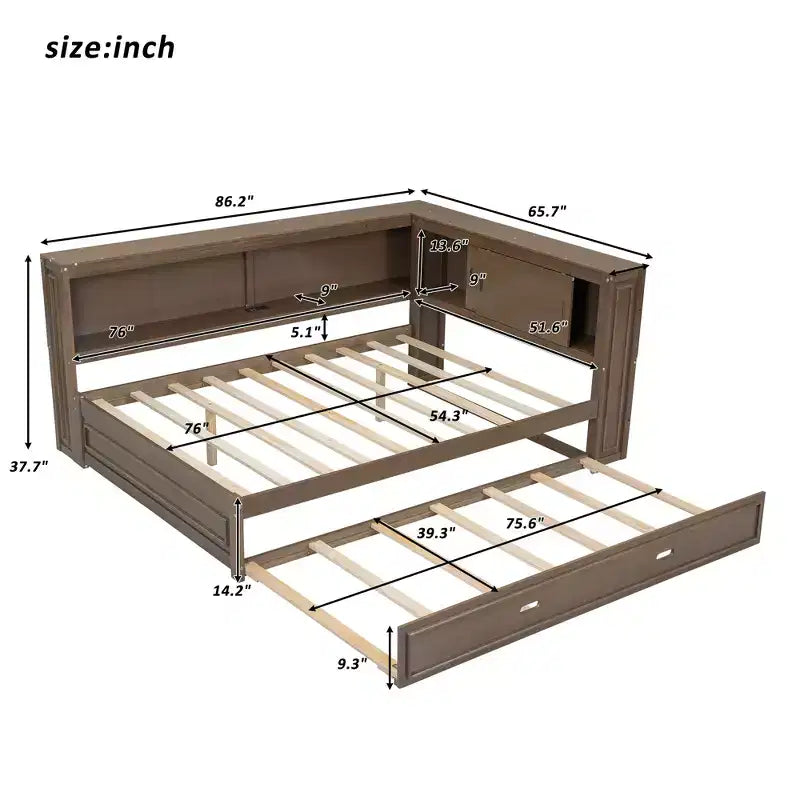 Cadre de lit de repos en bois pleine grandeur avec rangement, lit de repos avec lit gigogne et étagères de rangement, lit de repos d'angle en forme de L avec lumière et portes coulissantes