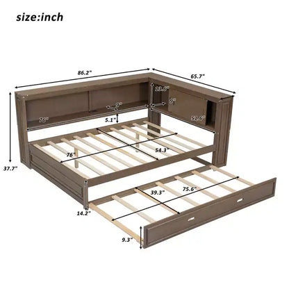 Cadre de lit de repos en bois pleine grandeur avec rangement, lit de repos avec lit gigogne et étagères de rangement, lit de repos d'angle en forme de L avec lumière et portes coulissantes