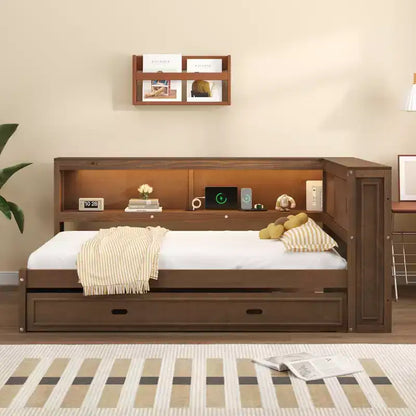 Cadre de lit de repos en bois pleine grandeur avec rangement, lit de repos avec lit gigogne et étagères de rangement, lit de repos d'angle en forme de L avec lumière et portes coulissantes