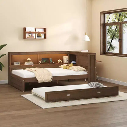 Cadre de lit de repos en bois pleine grandeur avec rangement, lit de repos avec lit gigogne et étagères de rangement, lit de repos d'angle en forme de L avec lumière et portes coulissantes