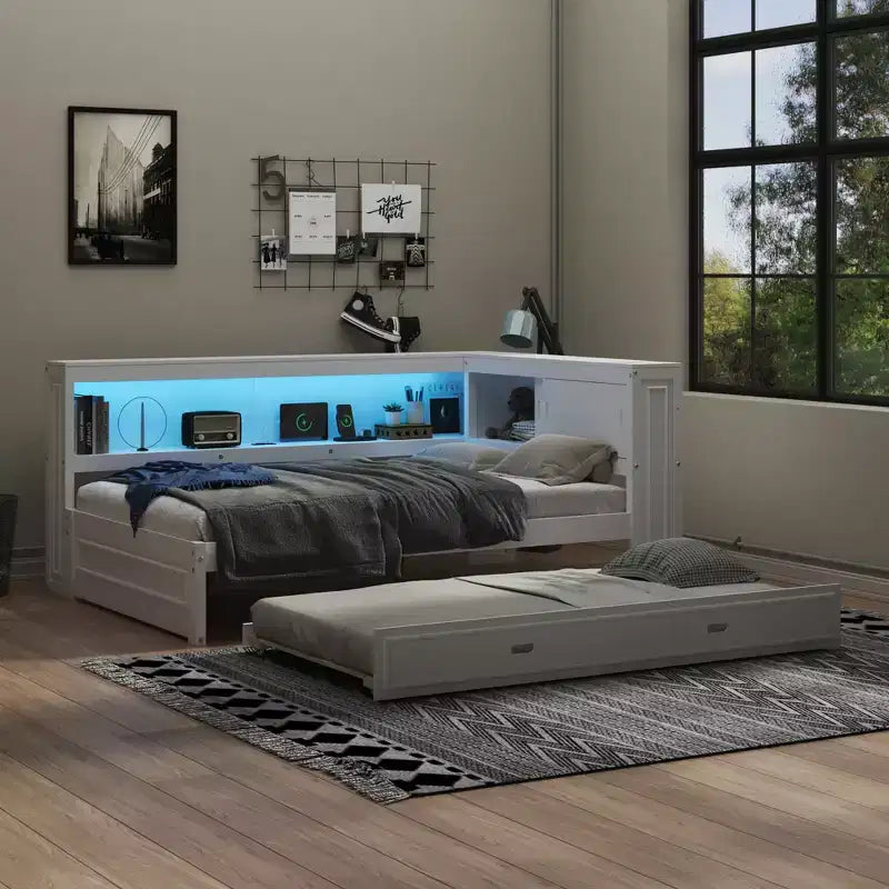 Cadre de lit de repos en bois pleine grandeur avec rangement, lit de repos avec lit gigogne et étagères de rangement, lit de repos d'angle en forme de L avec lumière et portes coulissantes