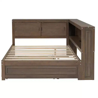 Cadre de lit de repos en bois pleine grandeur avec rangement, lit de repos avec lit gigogne et étagères de rangement, lit de repos d'angle en forme de L avec lumière et portes coulissantes