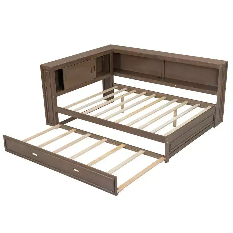 Cadre de lit de repos en bois pleine grandeur avec rangement, lit de repos avec lit gigogne et étagères de rangement, lit de repos d'angle en forme de L avec lumière et portes coulissantes
