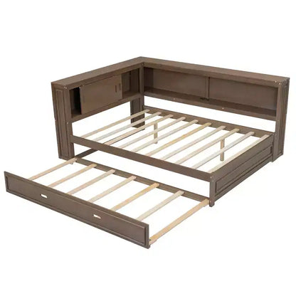 Cadre de lit de repos en bois pleine grandeur avec rangement, lit de repos avec lit gigogne et étagères de rangement, lit de repos d'angle en forme de L avec lumière et portes coulissantes