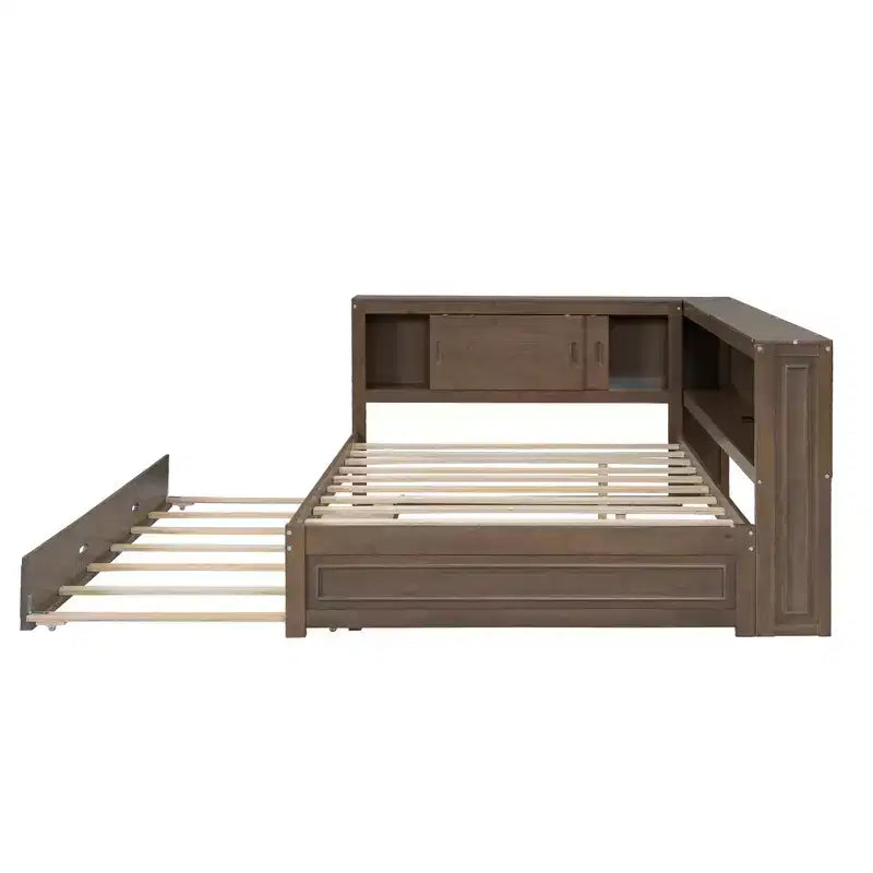 Cadre de lit de repos en bois pleine grandeur avec rangement, lit de repos avec lit gigogne et étagères de rangement, lit de repos d'angle en forme de L avec lumière et portes coulissantes