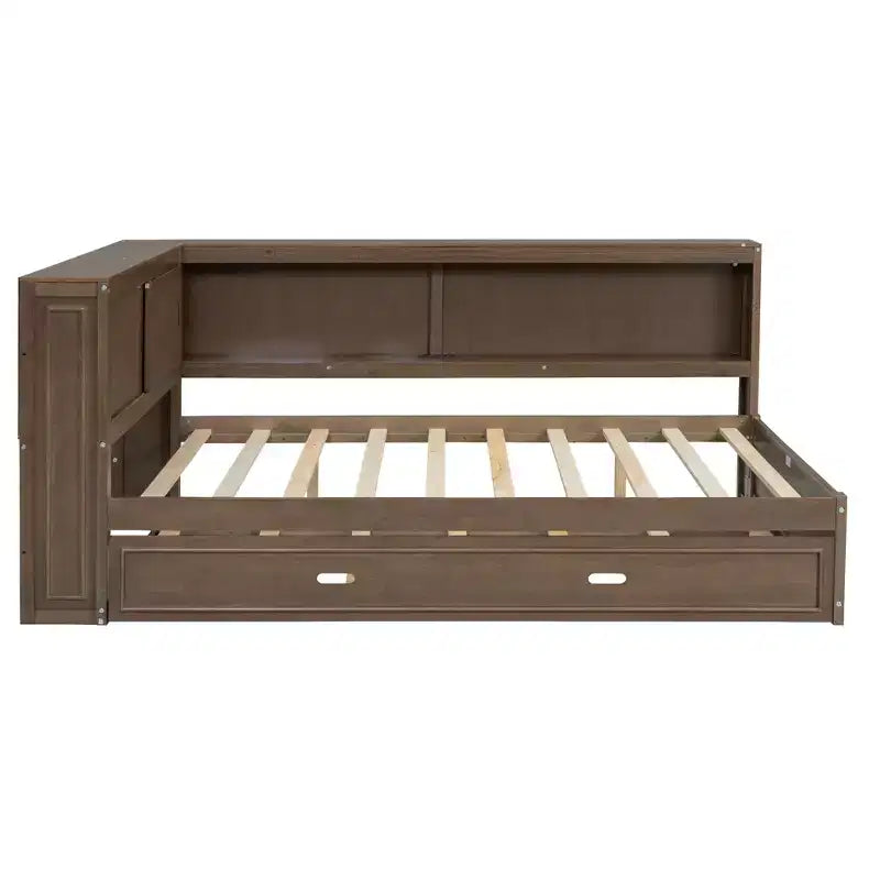 Cadre de lit de repos en bois pleine grandeur avec rangement, lit de repos avec lit gigogne et étagères de rangement, lit de repos d'angle en forme de L avec lumière et portes coulissantes