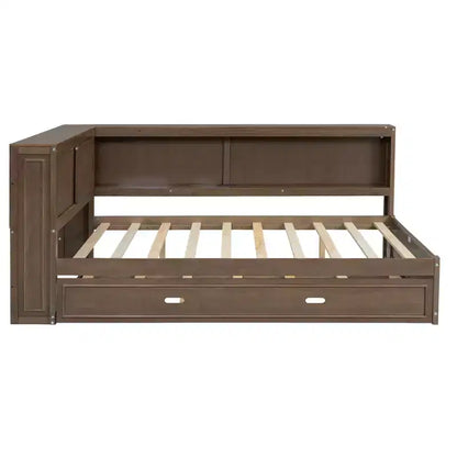 Cadre de lit de repos en bois pleine grandeur avec rangement, lit de repos avec lit gigogne et étagères de rangement, lit de repos d'angle en forme de L avec lumière et portes coulissantes